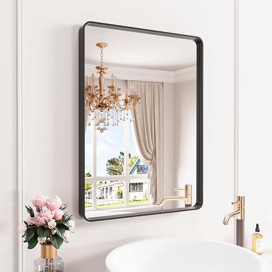 Black Bathroom Mirror 21X30 Inch, Black Metal Framed Mirror for Wall, Rounded Rectangle Matte Bathroom Vanity Mirror with Tempered Glass, Anti-Rust, Horizontal/Vertical