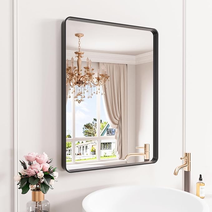 Black Bathroom Mirror 21X30 Inch, Black Metal Framed Mirror for Wall, Rounded Rectangle Matte Bathroom Vanity Mirror with Tempered Glass, Anti-Rust, Horizontal/Vertical