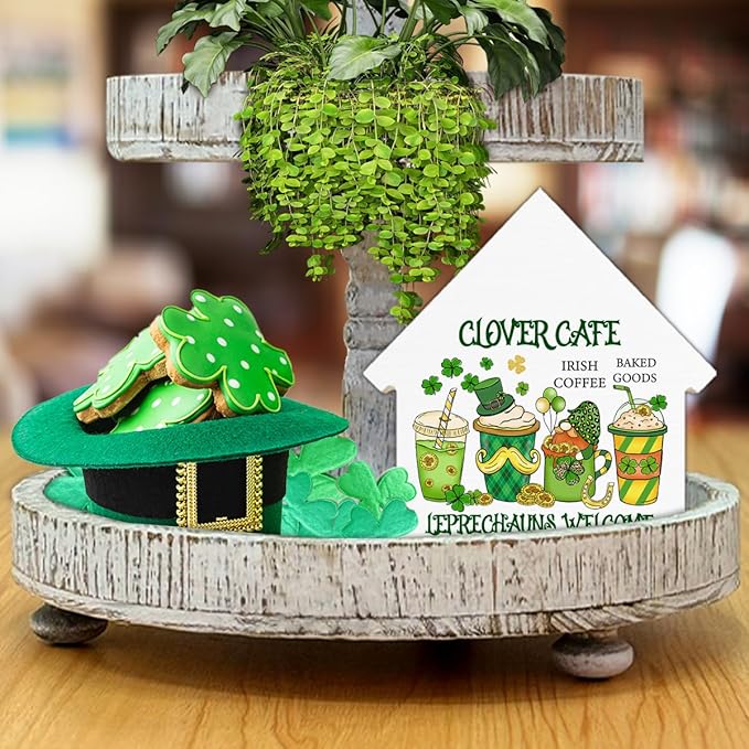 Coffee Sign Decor, St. Patrick's Day Kitchen Decor, Clover Cafe House Shaped Wood Block Sign, Home Coffee Bar Decorations for Desk Table Shelf, St Patricks Day Decorations