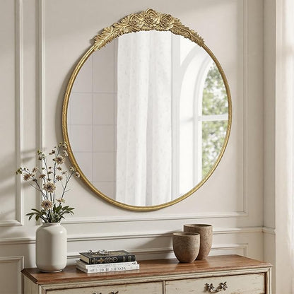 Growsun Round Wall Mirror with Vintage Gold Floral Frame – 24 Inch Decorative Wall Mirror for Living Room, Bedroom, Entryway, Bathroom Vanity – Elegant Antique Accent Home Décor