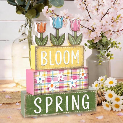 DIYDEC 6Pcs Spring Tabletop Decorations Tulip Wooden Block Signs Rustic Pastel Tulip Tiered Tray Decor Spring Centerpiece Farmhouse Wood Flower Table Sign for Kitchen Home Office Party Decor