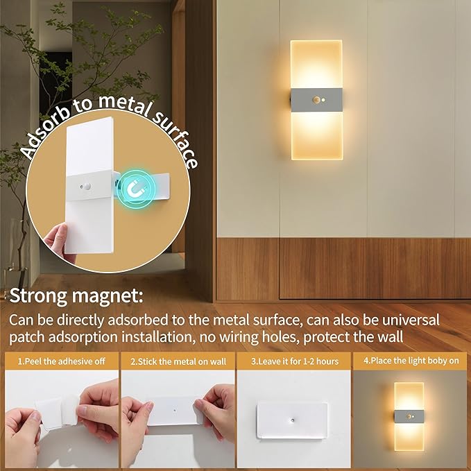 Motion Sensor Rechargeable Light, White LED Closet Light with USB-C Charging, Magnetic Mount, Auto On/Off for Hallway, Bathroom, Pantry, Under Cabinet, Battery Operated