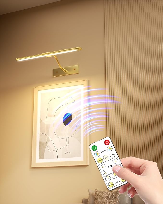 16 Inch Dimmable Picture Light, Gold LED Art Painting Wall Light with Remote Control & Timer, 3 Color Temperatures, Battery Operated Wall Sconce for Framed Pictures (Golden, 16 INCH)
