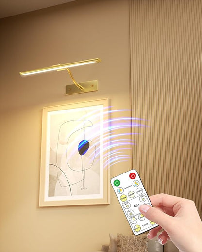 16 Inch Dimmable Picture Light, Gold LED Art Painting Wall Light with Remote Control & Timer, 3 Color Temperatures, Battery Operated Wall Sconce for Framed Pictures (Golden, 16 INCH)
