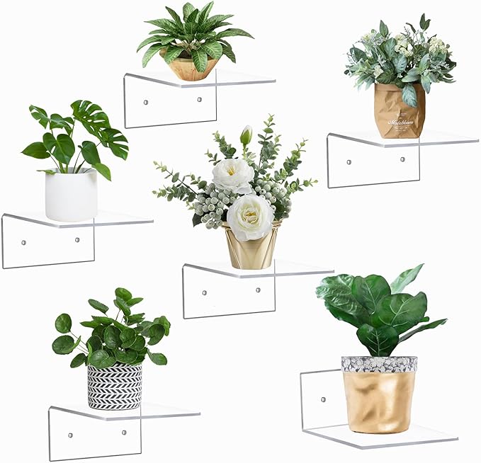 6 Pack Small Acrylic Floating Shelves for Wall, Wall Mounted Hanging Display Shelves for Plants, Funko Pop Figures, Adhesive Shelf for Bedroom, Picture Toy Clear Display Shelf