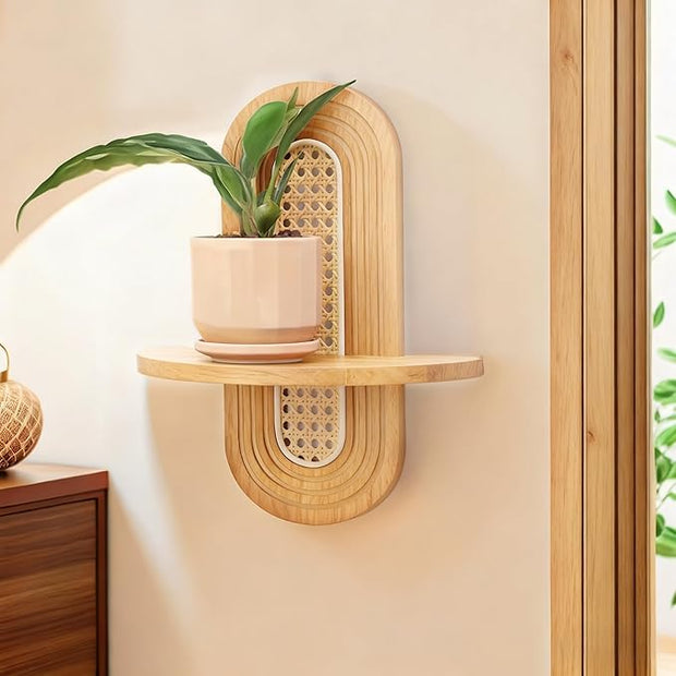 Floating Shelves for Wall, Boho Rattan Shelf Set of 2, Unique Small Decorative Shelf Wall-Mounted, Nature Wood Shelves for Living Room,Bedroom,Nursey Room (Natural)