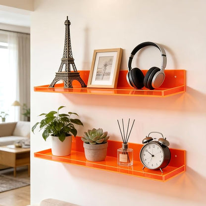 Floating Shelves for Wall Acrylic Wall Shelves for Bedroom Bathroom Living Room Kitchen 16.5X5.5'', Pack of 2, Neon Orange
