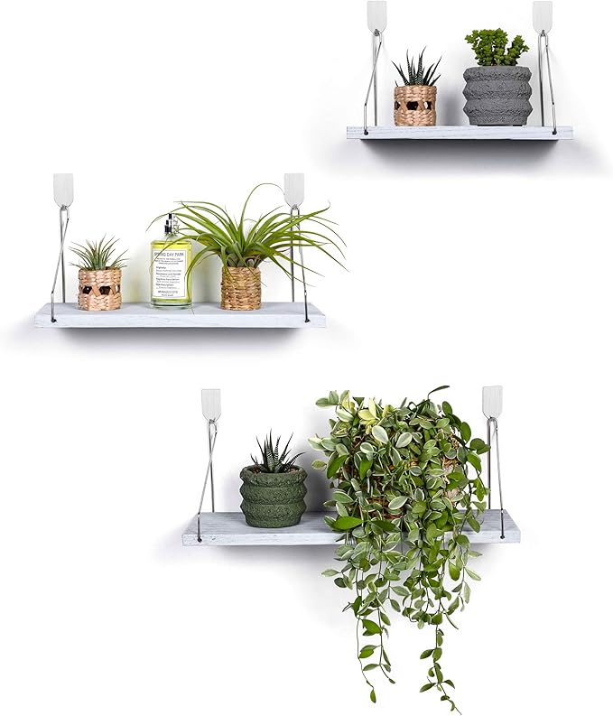 MITIME Floating Shelves Set of 3 Rustic Solid Wood Floating Shelf Wall Storage Shelves for Living Room, Bedroom, Bathroom, Kitchen Laundry, Office,no Drill Shelf(Grey and White Colour L+M+S)
