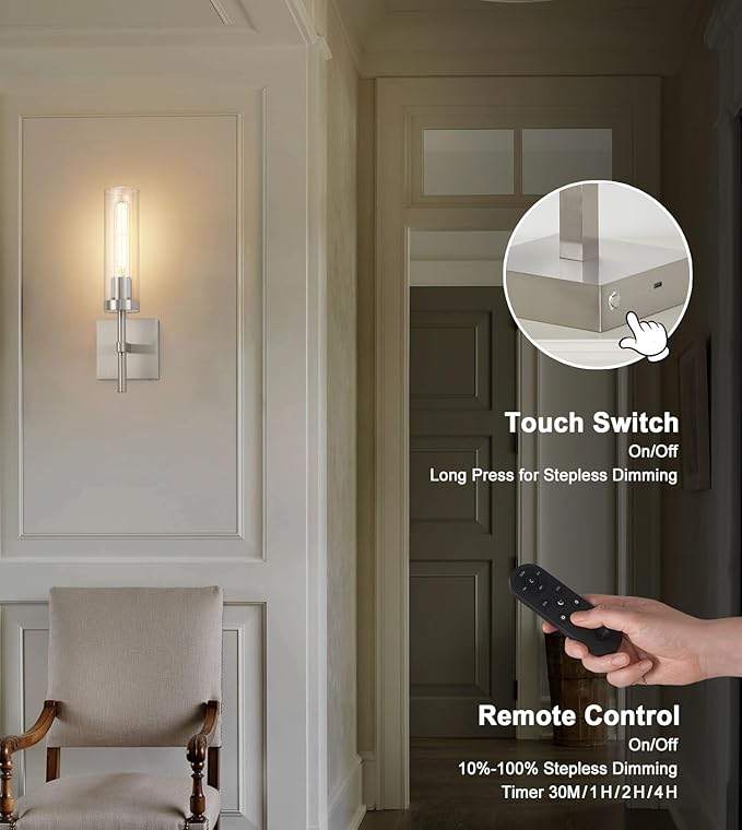 Brushed Nickel Battery Operated Wall Sconces with Remote Control, Wireless Wall Sconce Set of 2, Rechargeable Cordless Wall Lights for Living Room Bathroom Hallway Entryway Stairwell, 3000K