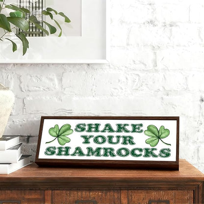 Shamrocks Decor, Shake Your Shamrocks Sign, Farmhouse Wooden Box Sign, Desk Decor Art, St Patricks Day Decoration for Home Office Coffee Bar, Irish Gift for Women Men, 9.5x3.1x1 inches