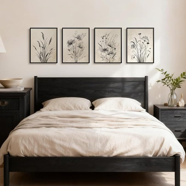 Framed Boho Vintage Botanical Wall Art, 4 Piece Black and White Floral Canvas Prints for Modern Farmhouse Bathroom, Natural Rustic Flower Artwork for Bedroom Kitchen Hallway Wall Decor, 11x14