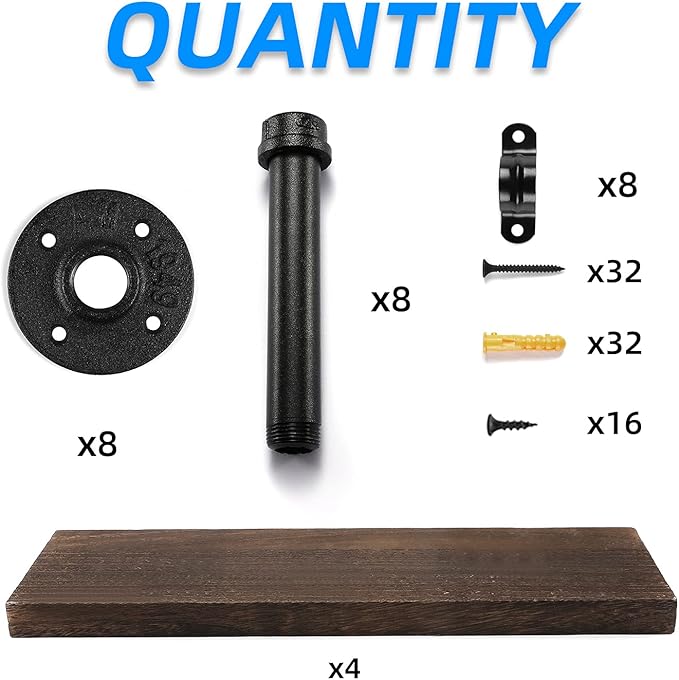 Wall Mounted Floating Shelves, Floating Shelves with Industrial Pipe Brackets Set of 4 Rustic Wood Storage Shelf for Bedroom Living Room Bathroom Kitchen Office and More (4, Brown)