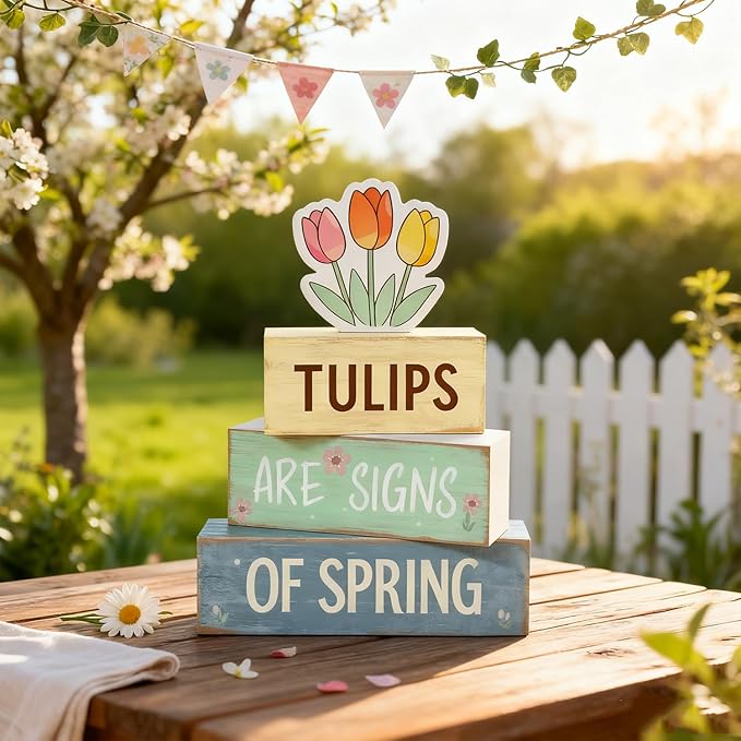Spring Decoration Wooden Tiered Tray Decor – Tulips Spring Stacked Block Sign with Floral Accent – Farmhouse Tabletop Spring Decor for Shelf Mantel Seasonal Home Display