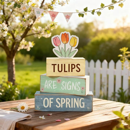 Spring Decoration Wooden Tiered Tray Decor – Tulips Spring Stacked Block Sign with Floral Accent – Farmhouse Tabletop Spring Decor for Shelf Mantel Seasonal Home Display