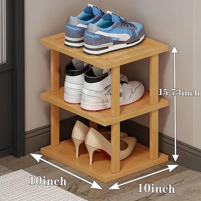 SAN HE Bamboo Shoe Rack 3Tier- Vertical Shoe Rack for Small Spaces, Tall Narrow Shoe Rack Organizer for Closet Entryway Corner Garage and Bedroom,Skinny Shoe Shelf with Free Stackable DIY