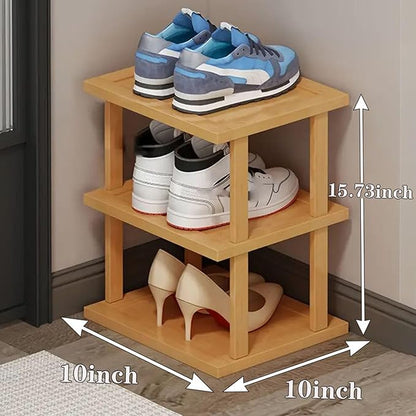 SAN HE Bamboo Shoe Rack 3Tier- Vertical Shoe Rack for Small Spaces, Tall Narrow Shoe Rack Organizer for Closet Entryway Corner Garage and Bedroom,Skinny Shoe Shelf with Free Stackable DIY