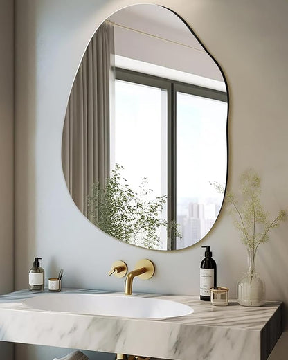 Irregular Frameless Bathroom Mirror,24 x 36 Inch Asymmetrical Wall Mirror with Wood Frame,Vanity Modern Tempered Glass Mirror for Bedroom,Entryway,Living Room