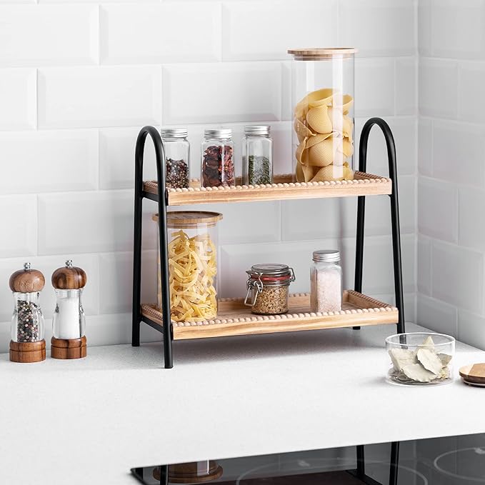 Navaris 2 Tier Countertop Organizer - Bathroom Kitchen Counter Shelf Rack Caddy Tray for Storage - Small Wood Two Tiered Organization Shelves