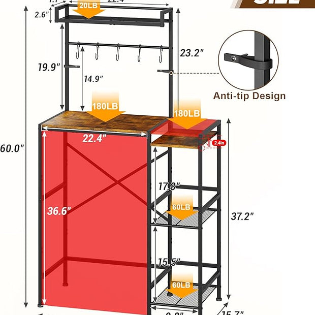Mini Fridge Stand with Storage Shelves, Kitchen Bakers Rack, Coffee Bar, Microwave Oven Stand, Wine Cabinet, Refrigerator Stand with 5 Lockable S Hooks for Dorm, Apartment, Living Room, Office