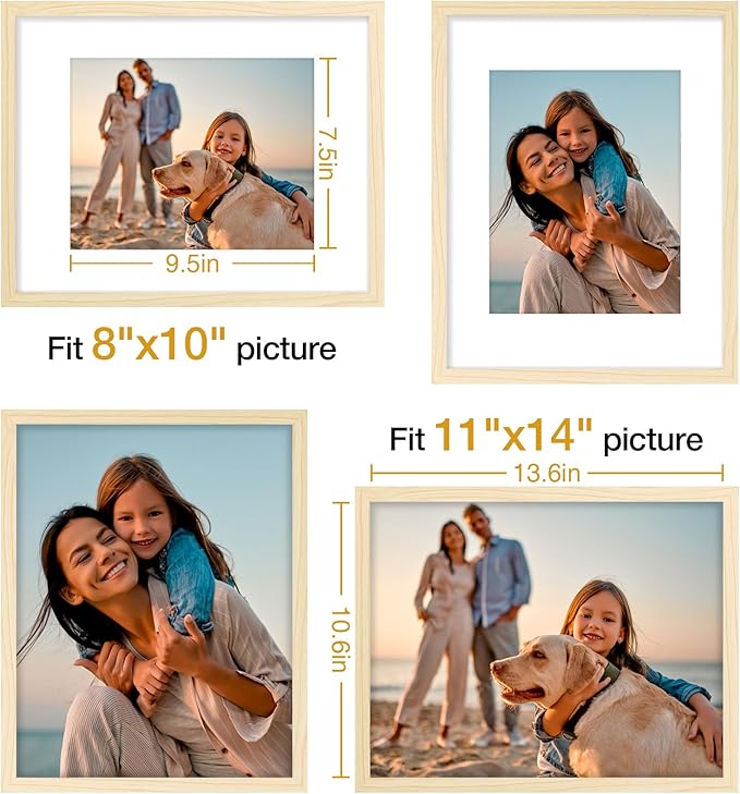 Vittanly 11x14 Picture Frame Set of 4, Display Pictures 8x10 with Mat or 11x14 without Mat, Engineered Wood with Shatter Resistant Plexiglass, Photo Frames for Wall or Tabletop Display, Natural Wood