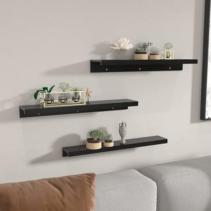 Giftgarden 24 Inch Black Floating Shelves Wall Mounted Woodgrain Picture Ledge Shelf for Storage Bedroom Bathroom Kitchen Living Room Office, Set of 3 Different Sizes
