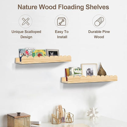 Scalloped Shelves for Nursery - Wall Book Shelves for Kids Room, Nursery Bookshelf for Wall Set of 2, Floating Book Shelves Wood, 20 Inches, Large