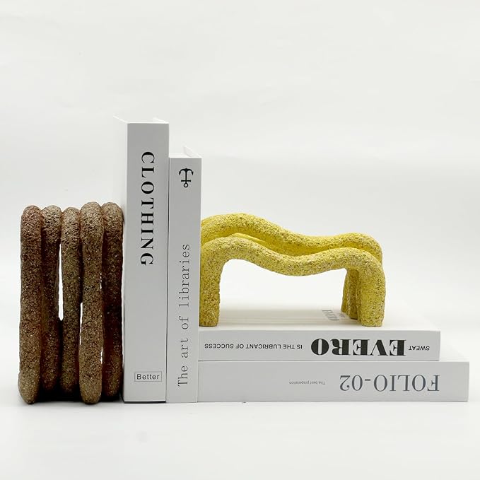 Lukitas Curved Wave Decorative Bookends - Heavy Duty Non-Slip Book Holders, Modern Artistic Ornaments for Office Home Bookshelf Decor, Resin 7.5''