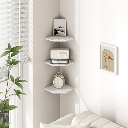 Fun Memories Corner Shelf Wall Mount, Floating Corner Shelves, Set of 3 Corner Wall Shelf Organizer, Rustic Wood Wall Storage Display Shelves for Living Room Bedroom Bathroom Kitchen, Rustic White