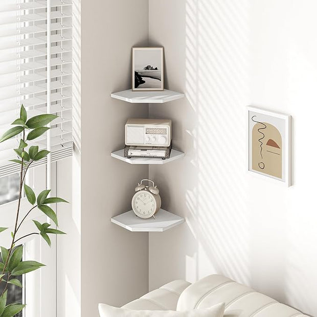 Fun Memories Corner Shelf Wall Mount, Floating Corner Shelves, Set of 6 Corner Wall Shelf Organizer, Rustic Wood Wall Storage Display Shelves for Living Room Bedroom Bathroom Kitchen, Rustic White