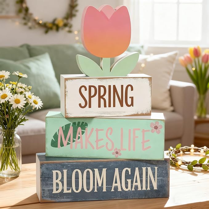 Spring Decoration For Home Wooden Tulip Tiered Tray Decor Spring Block Sign with Floral Farmhouse Tabletop Spring Decor Centerpiece for Tables Seasonal Home Easter Decor