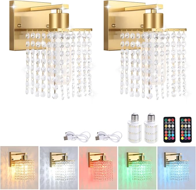 Set of 2 Crystal Battery Operated Wall Sconce,Rechargeable Wall Lamp with 5200mAh Battery & Remote Control, Modern Dimmable Wireless Wall Lights for Bedroom Bathroom (Clear, Gold Base)