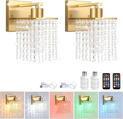 Set of 2 Crystal Battery Operated Wall Sconce,Rechargeable Wall Lamp with 5200mAh Battery & Remote Control, Modern Dimmable Wireless Wall Lights for Bedroom Bathroom (Clear, Gold Base)