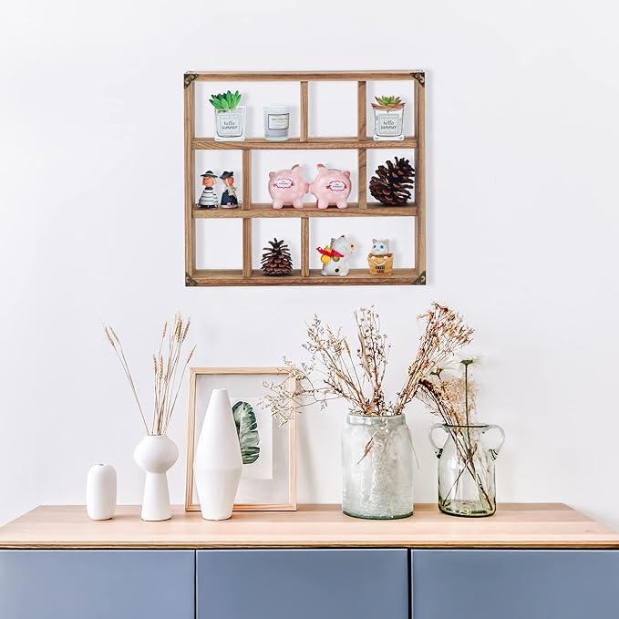 17.7x15.7-Inch Shadow Box Shelf 9-Slot Rustic Wood Floating Shelves Larger Shelf Lightweight Solid Wood Display(9C-Brown)