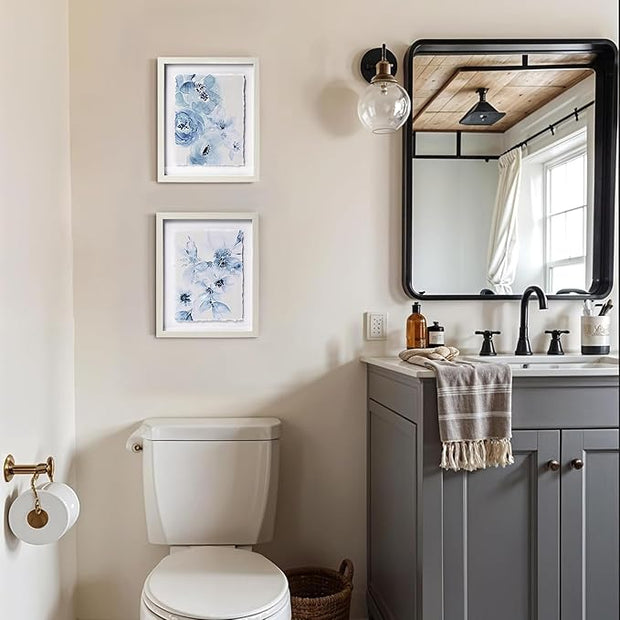 ArtbyHannah Framed Bathroom Wall Art Decor, 8x10 Inch 3D Light Blue Watercolor Florals with Torn Edge Floating Effect, Moisture Proof Prints Pictures Artwork for Bathroom, Bedroom Decor (2 Pack)