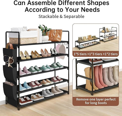 5 Tier Freestanding Shoe Rack, Space Saving Shoe Organiser with Side Pockets and Metal Hooks, Adjustable Shoe Rack for Entrances, Corridors, Dormitories, Holds 20-26 Pairs of Shoes, Metal Bracket