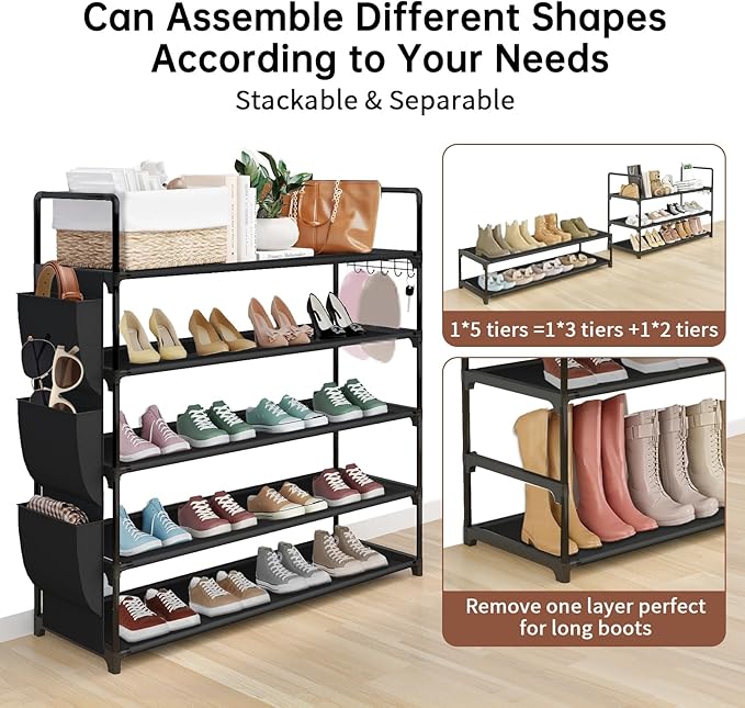 5 Tier Freestanding Shoe Rack, Space Saving Shoe Organiser with Side Pockets and Metal Hooks, Adjustable Shoe Rack for Entrances, Corridors, Dormitories, Holds 20-26 Pairs of Shoes, Metal Bracket