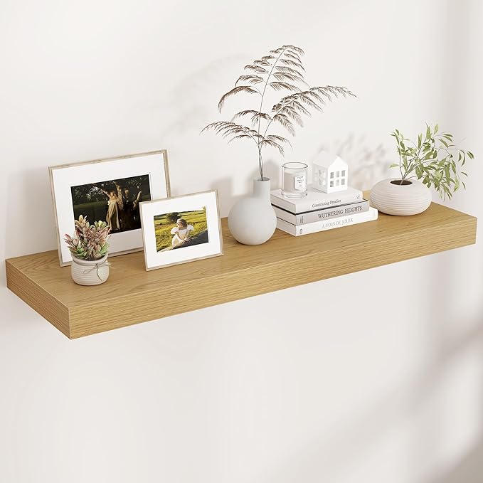 Floating Shelves for Wall, 40" W x 12" D x 2" H, 1 Pack of Long Wall Mounted Engineered Wood Shelves with Invisible Brackets for Living Room, Bedroom, Bathroom, Kitchen Decor, Oak