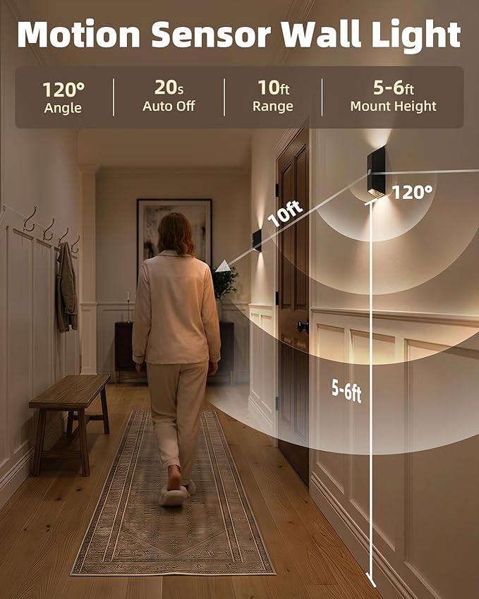 EZVALO Motion Sensor Wall Lights Indoor, 4000mAh Rechargeable Battery Operated Wall Sconces, 3 Color Temps, Dimmable, Wireless Magnetic Night Light with Remote, Timer, for Hallway, Stair, Bedroom