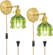 Plug in Wall Sconces Set of 2, Plug in Wall Lamp, Vintage Wall Light with Green Tulip Glass Lampshade, 3-Way Dimmable with Dual Switches, No Wiring Needed for Bedroom Wall Decor and Hallway