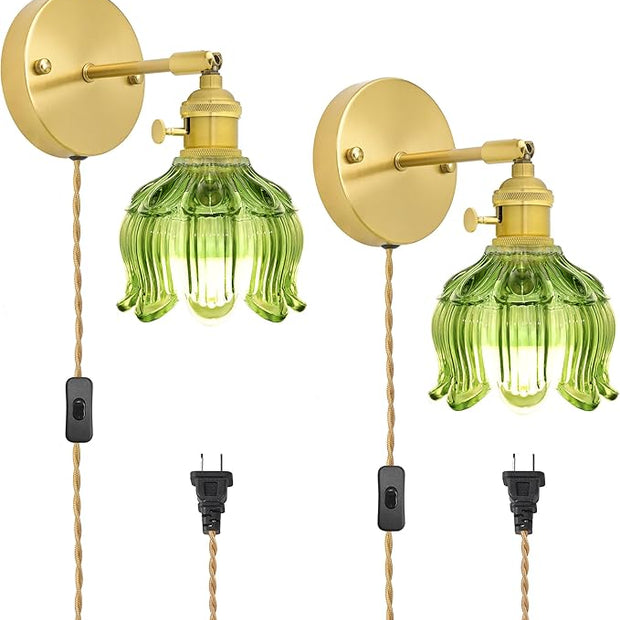 Plug in Wall Sconces Set of 2, Plug in Wall Lamp, Vintage Wall Light with Green Tulip Glass Lampshade, 3-Way Dimmable with Dual Switches, No Wiring Needed for Bedroom Wall Decor and Hallway