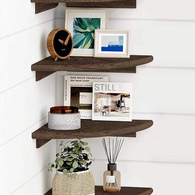 Forbena Floating Corner Shelves for Wall Set of 4, Small Corner Bookshelf for Bedroom Books, Round Wooden Corner Shelf Wall Mount for Bathroom Plants, Kitchen, Living Room Decor (Dark Brown)