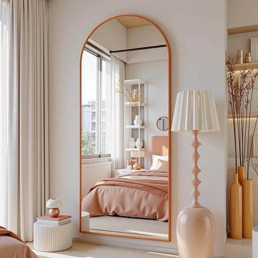 Antok 58" x18” Arched Full Length Floor Mirror, Orange Aluminum Frame, Free Standing/Wall Mount/Leaning for Bedroom, Living Room, Dressing Room