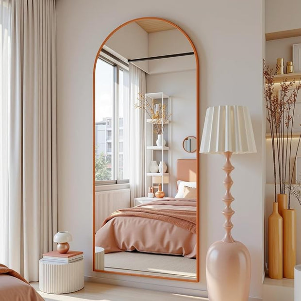 Antok 58" x18” Arched Full Length Floor Mirror, Orange Aluminum Frame, Free Standing/Wall Mount/Leaning for Bedroom, Living Room, Dressing Room