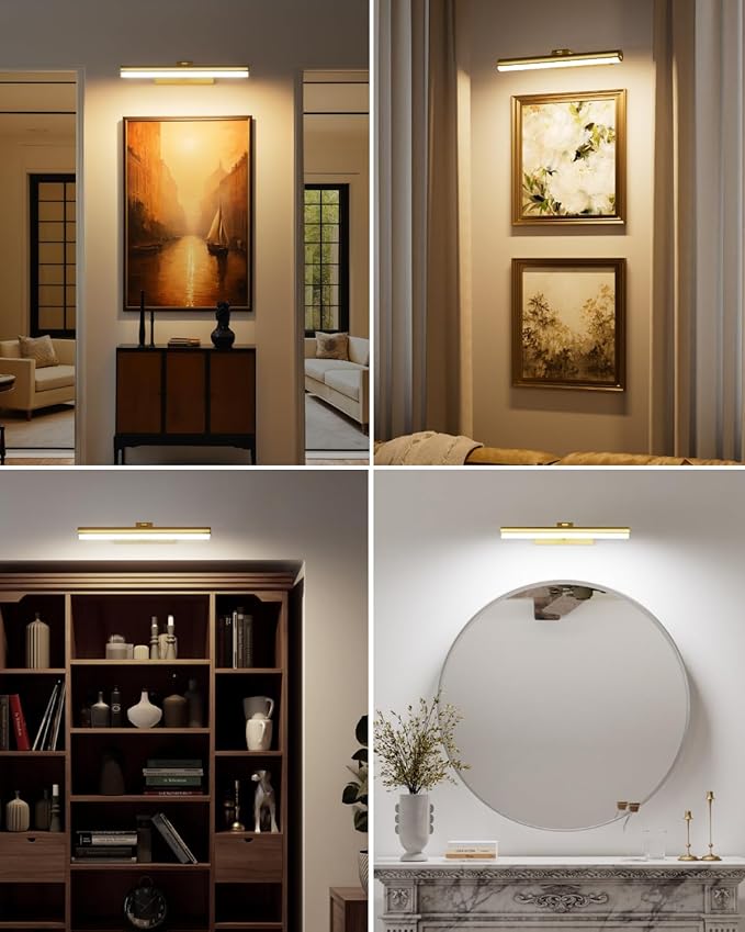 Bridika Picture Lights for Wall Battery Operated with Remote, 3 Color Modes and Dimmable Rechargeable Art Lights for Paintings, Gallery, Bedroom, Bathroom with Timer Gold 2