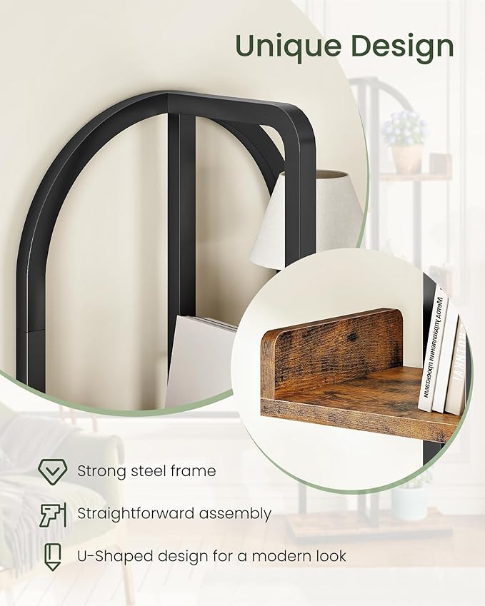 Corner Bookshelf, Curved 6-Tier Bookcase with Anti-Tip Kit, Adjustable Feet and Staggered Shelves for Living Room, Bedroom, Study, Office, Rustic Brown and Black TSJ06BF