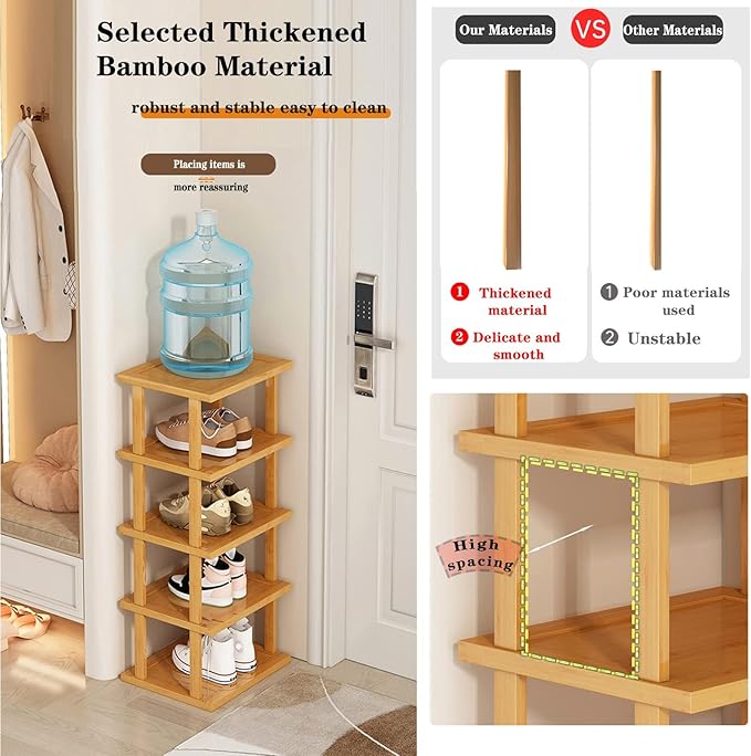 Bamboo Shoe Rack 12 Tier- Vertical Shoe Rack for Small Spaces, Tall Narrow Shoe Rack Organizer for Closet Entryway Corner Garage and Bedroom,Skinny Shoe Shelf with Free Stackable DIY