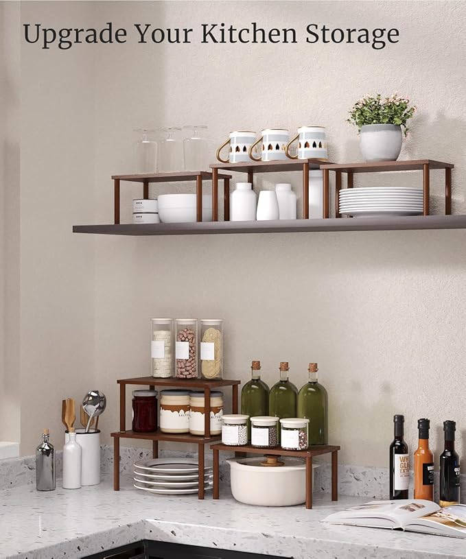 Cabinet Organizer Shelf(Set of 3),Bamboo Kitchen Counter Shelves for Countertop and Cabinet,Stackable Shelf Spice Racks,Medium(Brown)