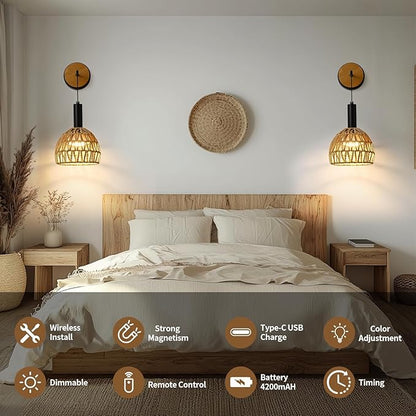 Rattan Wall Sconce, Wall Sconces Set of Two Battery Operated with Remote Control, 3 Colors Dimmable,Boho Upgrade Rechargeable Sconces Set of 2 for Bedroom, Living Room, Entryway (Black)