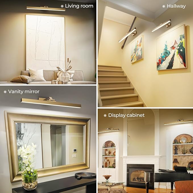 Picture Lights for Wall, Brass Battery Operated Picture Light 24in Art Light CCT Dimmable Recharging Battery Wall Light with Remote Control for Living Room Gallery
