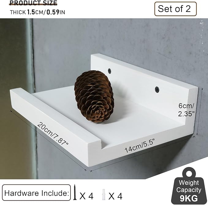 Z metnal Small Floating Shelves, Natural Wooden Display Wall Shelf for Picture Ledge, Nursery Floating Shelves, White, Wall Mounted, 8 x 5.5 inch, 2 Pcs